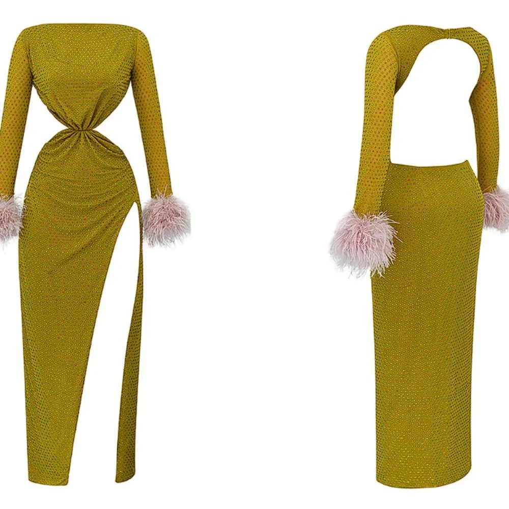HOUSE OF CB 'Gina' Feathered Chartreuse Crystallised Maxi Dress NWOT - Picture 4 of 11